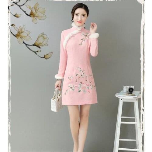 Improved Cheongsam dress Winter New Fashion Chinese Traditional qipao Women Embroidery