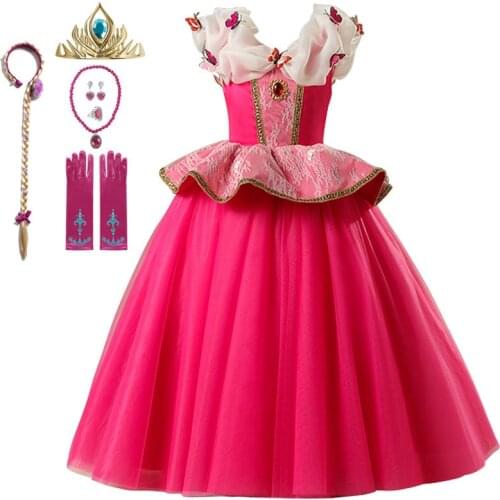 Girls Princess Dress Aurora Sleeping Beauty Costume Girls Elegant Mesh Ball Gowns Children Halloween Birthday Party Floral Dress