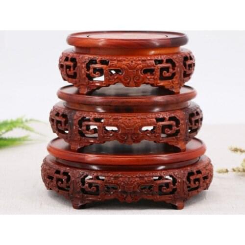 8.5-35cm Diameter Africa Acerbic Wood Pierced Vase Base Hand Carved Pattern Flower Vase Stone Teapot Mahogany Buddha Jade Base