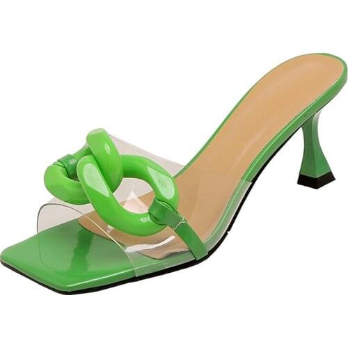 2021 Trendy Ladies Slippers Thick Chain Transparent High Heels Womens Summer Sandals Opened Square Toe Gold Green
