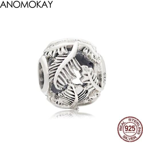 Anomokay Autumn New Openwork Leaf Round Charm fit Bracelet Bangle Real Sterling 925 Silver Plant Bead for DIY Jewelry Making