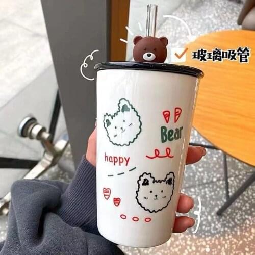 Super Cute Bear Ins Wind Cup Girl Student Milk Cup Japanese Cute Mug Large-capacity Couple Ceramic Cup Cup with Lid and Straw