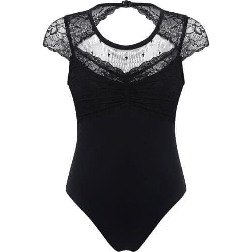 New Kids Girls Dancewear Solid Short Sleeve Lace Splice Cutouts Back Buckle Ballet Dance Gymnastics Leotard for Girls Jumpsuit