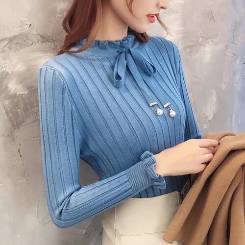 Warm Sweater Women Velvet Pullovers Knitted Tops Autumn Women Long Sleeve Bowknot Slim Basic Knitwear Ruffle Sweater Pullover