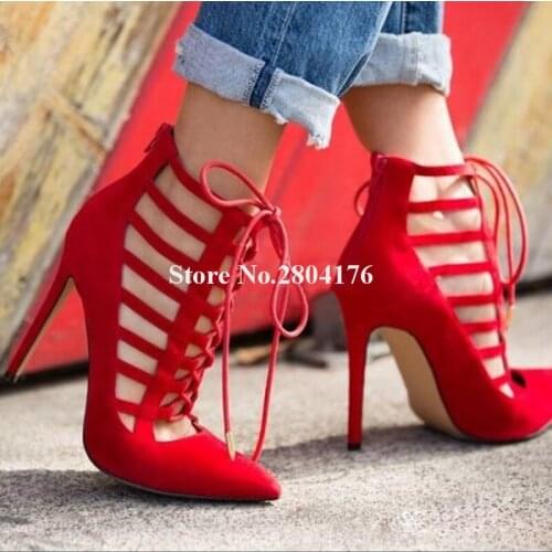 Sexy Women Pointed Toe Red Suede Stiletto Heel Pumps Lace-up Cut-out Caged High Heels Club Dress Shoes Big Size 46