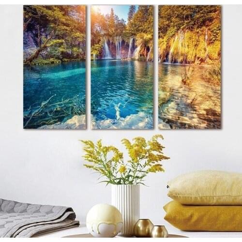 Waterfall Red Tree Mountain Lake Landscape 3p KIT Canvas Painting Modern Home Decoration Living Room Bedroom Wall Decor Picture