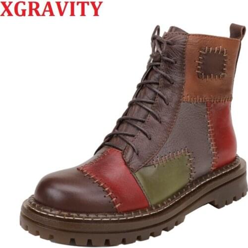XGRAVITY 2020 Autumn Winter Flat Shoes High Quality Women Ankle Boots Elegant Mix Color Genuine Leather Boots Martin ShoesS135