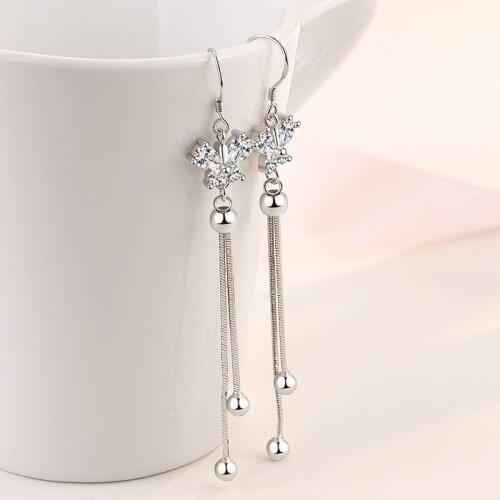 Luxury Silver Color Butterfly Flower Long Tassel Crystal Zircon Earrings for Women Jewelry Girlfriend Gift Pendientes