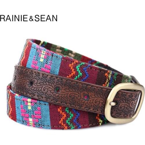 RAINIE SEAN Ethnic Belt Women Floral Embroidery Ladies Belt Leather Patchwork Belt for Trousers Pin Buckle Female Cinturon