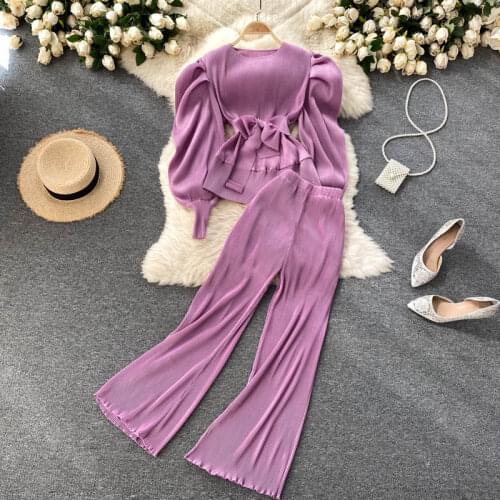 European American Womens 2021 New Pleated Chiffon Round Neck Puff Sleeve Top + High Waist Wide Leg Pants Set GL369