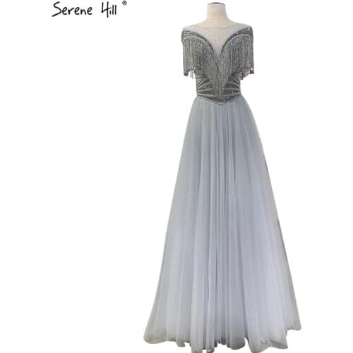 Serene Hill Grey A-Line Sexy Evening Dress 2020 Beading Tassel Short Sleeves Formal Party Wear Gown CLA70714