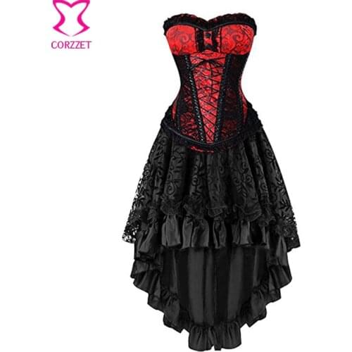 Womens Victorian Red/Black Brocade and Lace Overbust Steampunk Corset Dress Burlesque Party Masquerade Gothic Corset Skirt Sets