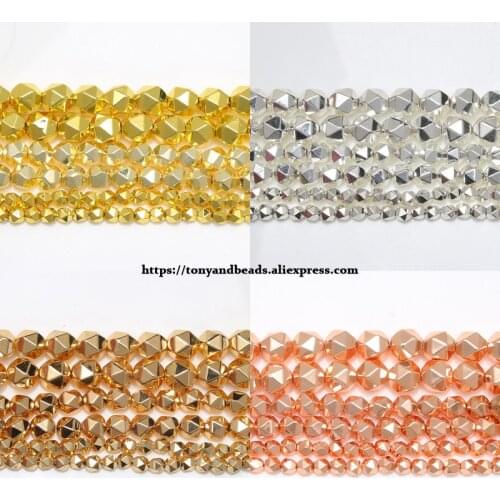 15" Natural Stone Shining Big Cuts Faceted Hematite Silvers Gold Plated Loose Beads 6 8 10 MM Pick Size
