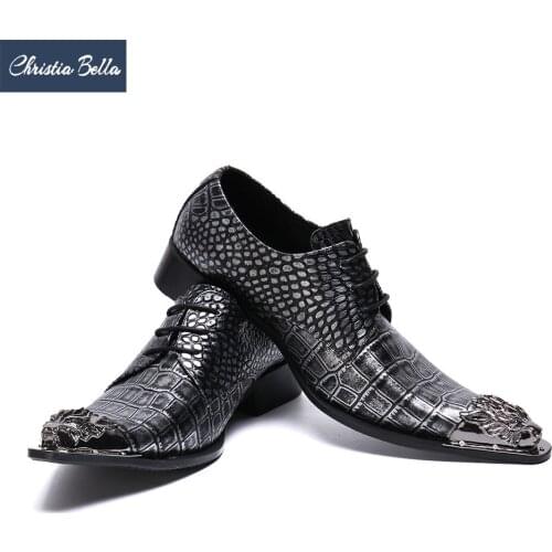 Christia Bella Snake Skin Genuine Leather Men Business Shoes New Fashion Large Size Lace up Metal Square Toe Formal Dress Shoes