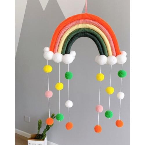 Children Room Handmade Rainbow Ornament Cotton Rope Woven Rainbow Hanging Decoration With Felt Ball Nordic Kids Room Decor