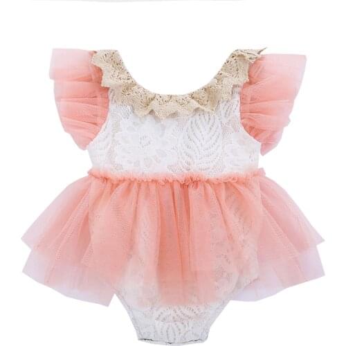 Baby Girls Lace Stitching Round Neck Fly Sleeve Romper Playsuits Summer Short Sleeve Tutu Rompers 0-24 Months