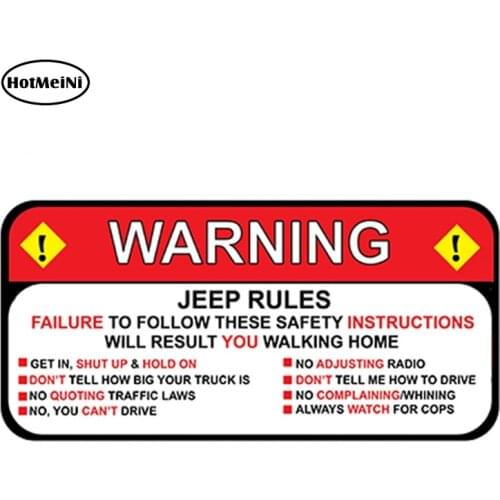 HotMeiNi 13cm x 6.3cm for Jeep Rules Warning Decal Sticker Wrangler Sahara Funny Vinyl Waterproof Car Styling Car Stickers