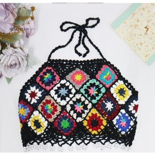 Peachtan Crochet bikini top Print swimsuit womens swimming suit Halter swimwear female 2021 Bandeau bathing suit biquini summer