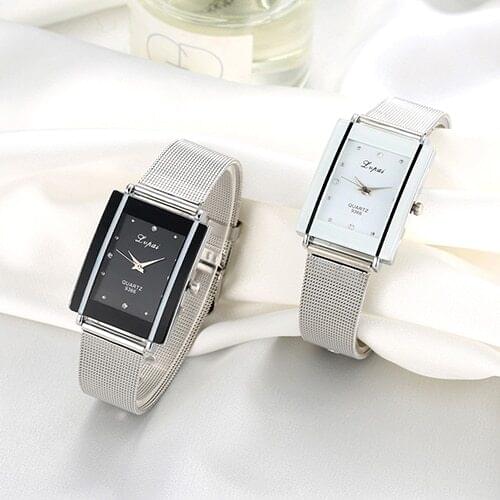 Men Women Fashion Rectangle Dial Stainless Steel Net Strap Quartz Wrist Watch