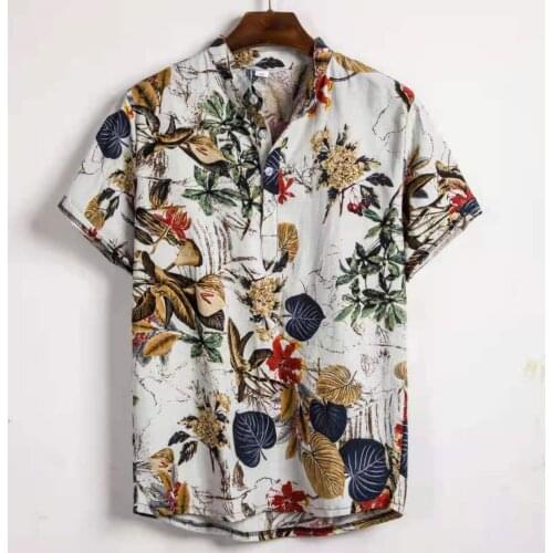 2021 new European style short-sleeved slim-fitting shirt mens contrast printing shirt men