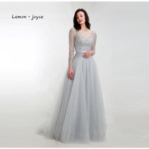 Lemon joyce Formal Evening Dress Long Sleeves 2020 O-neck Beading Illusion Party Dresses Evening Plus Size