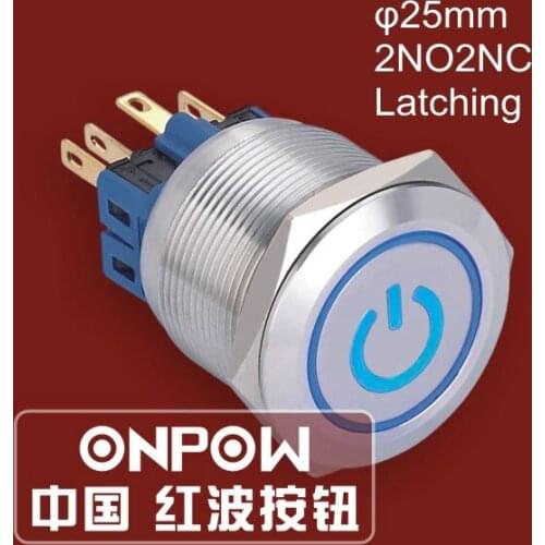 ONPOW 25mm 2NO2NC Stainless Steel Latching Power Symbol+Ring LED Power Push Button Switch (GQ25-22ZET/B/12V/S) CE, RoHS