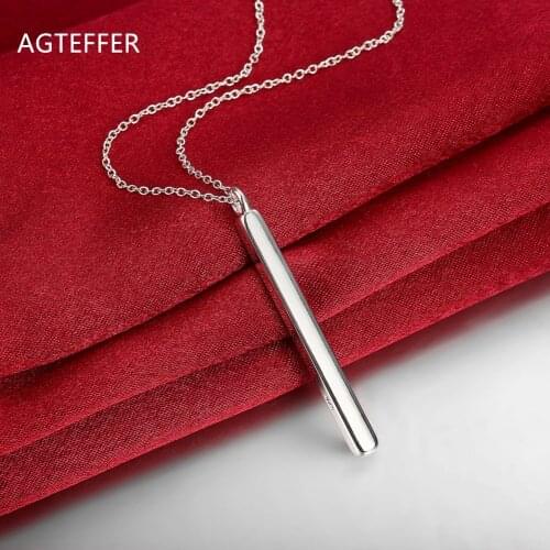 AGTEFFER 925 Sterling Silver 18 Inch Straight Square Column Pendant Necklace For Women Fashion Wedding Party Charm Jewelry