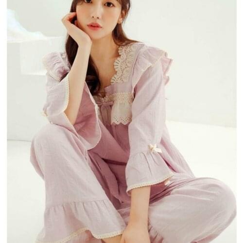 Women Spring Pyjamas 100% Cotton Long Sleeve Pajamas Light Purple Casual Loose Sleepwear V-Neck Loungewear 2 Piece Pijamas Set