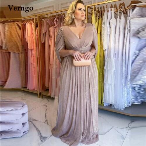 Verngo Dusty Pink A Line Evening Dress V Neck Cape Long Sleeves Maxi Prom Dresses Plus Size Women Formal Special Occasion Gowns