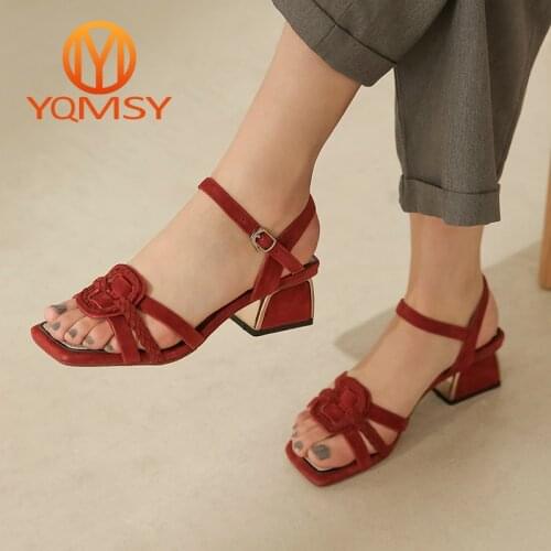 YQMSY Casual Sandals Handmade Genuine Leather Buckle Strap Square Heel Metal High Heeled Sandals New Commute Womnes Shoes AS123