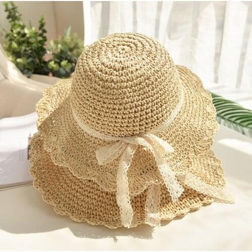 Summer Straw Hat Wide Brim Lace Bow Sun Hats for Women Elegant Foldable Caps Outdoor Vacation Travel Beach Cap