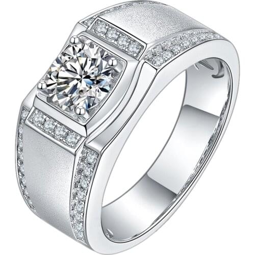 Y&L 925 Sterling Silver Moissanite Ring For Men Wedding 1.0ct Round Moissanite Center Channel Sides Mens Diamond Rings
