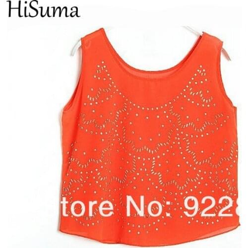 2020 summer New Womens Appliques O-neck Sleeveless Beach Chiffon Shirts Female Blouses Shirt Women shiny Vacation tees