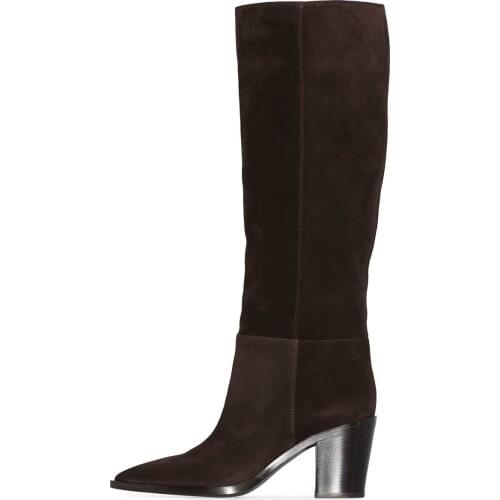 2021 Women High Quality Knee - High Pleated Leather Boots Pointed Toe Slip On Square Heel Long Boots