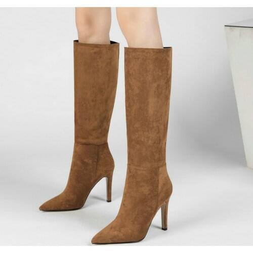 Plus Size 34-43 Women Knee High Boots Faux Suede Thin High Heel Women Boots Fashion Pointed Toe Slip on Boots for Women Brown
