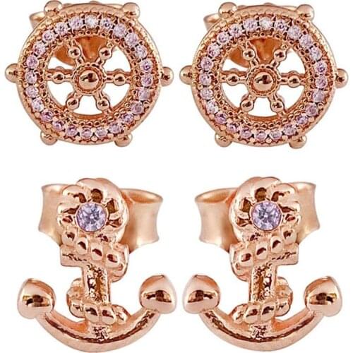 Original 925 Sterling Silver Earring Rose Anchor And Wheel Stud Earrings With Crystal For Women Wedding Gift Europe DIY Jewelry