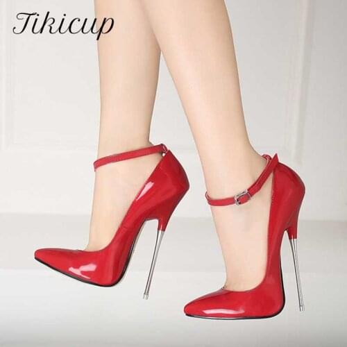Tikicup Red Patent 16cm Ultra High Metal Heels Women Ankle Strap Stiletto Pumps Pointed Toe Wild Sexy Cross-Dress Shoes