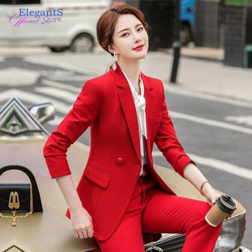 2021 Fashion Red Pant Suits Women Office Lady Business Work 2 Piece Pants Trouser Jacket Blazer Set Autumn Winter Clothes Female