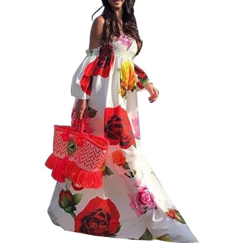 Hot Holiday Boho Women Off Shoulder Backless Flare Sleeve Floral Print Maxi Dress party Out of the ordinary Dress платье