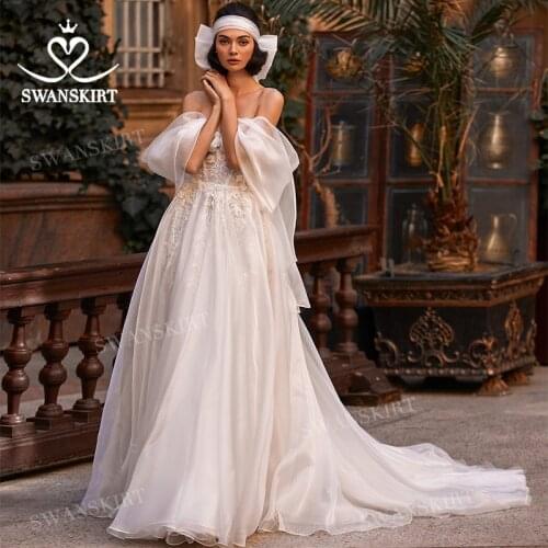 Detachable 2 In 1 Train Wedding Dress 2022 Sweetheart Pearls A-Line Beach Princess Vestido De Novia SwanSarah P181 Bridal Gown