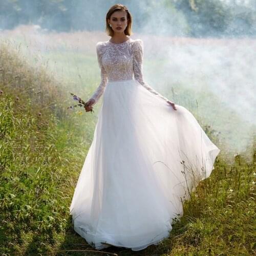Thinyfull Elegant Boho O Neck A Line Wedding Dresses Long Sleeve Sweep Train Bridal Gown Tulle Lace Appliques Vestido De Novia