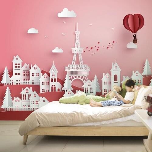 Custom 3D Mural Cartoon Iron Tower House Balloon Pink Girls Princess Room Children Room Bedroom Wall Decoration Photo Wallpaper