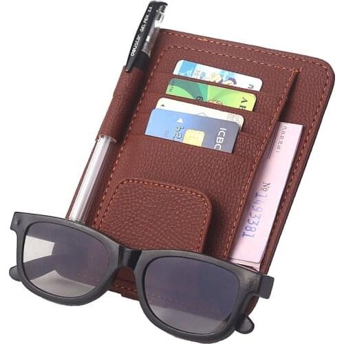 Car Sun Visor Organizer Pocket Leather Sunshade Clip Storage Bags Card Glassed Pen Clip Cash Holder Stowing Tidying Accessories