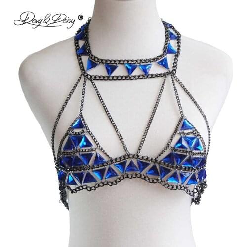 DAVYDAISY Women Sexy Nightclub Bra Crystal Holiday Beach Wear Tops Blue Gemstone Fashion Body Chain Sexy Lingerie BR047