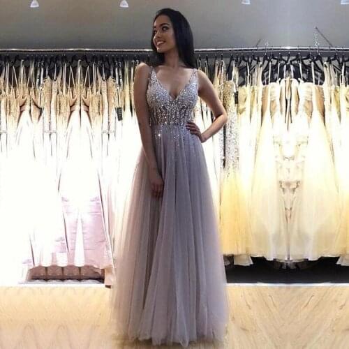 Long Prom Dresses 2020 vestidos de gala V-Neck Beaded A-Line Gray Crystals Tulle Evening Dress Party Gown for Graduation