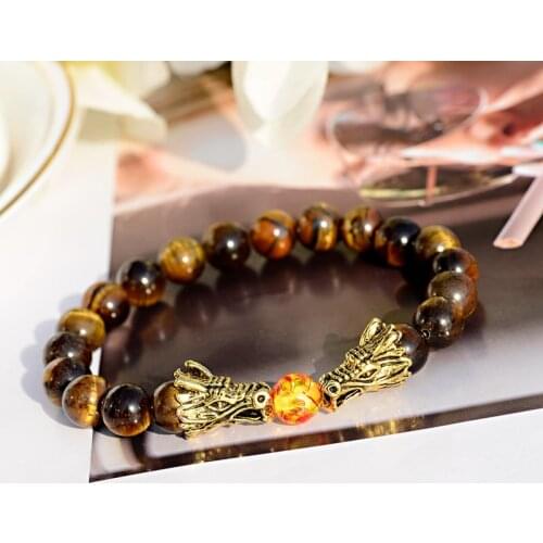 DOUVEI Tiger Eye Stone Bracelet Men Vintage Gold Color Dragon Head Lava Stone Beads Bracelets&Bangles For Women ABD004