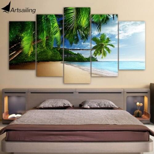 ArtSailing HD Printed 5 Piece Canvas Art Coconut Trees On The Beach Wall Pictures for Living Room Modern Free Shipping NY-7385C