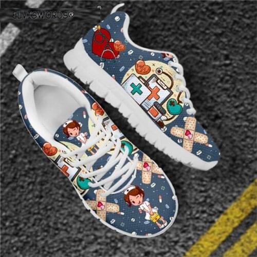 ELVISWORDS Fashion Nursing Shoes Healthcare Pattern Comfortable Womens Air Mesh Sneakers Lightweight Lady Hiking Sports Shoes