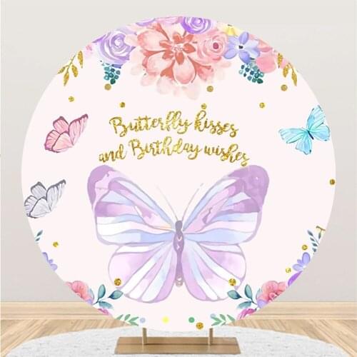 Purple Butterflies with Best Wishes Round Background Happy Birthday Party NAM Photography Photo Backdrops Child Photozone Decors