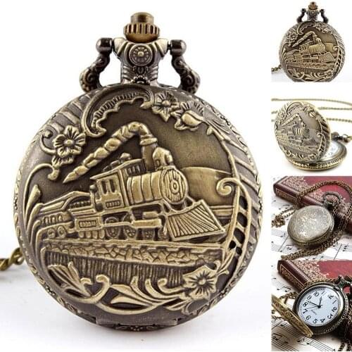 2021 New Unisex Antique Case Vintage Retro Elegant Brass Rib Chain Train Pattern Quartz Pocket Watch for Daily Party